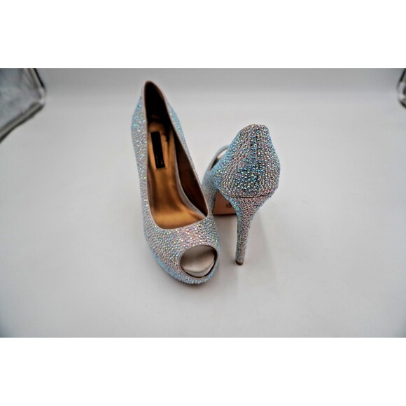 Benjamin Adams London Miami Silver Jewel Encrusted Peep Toe Platform Pumps S 6.5 - Picture 8 of 13